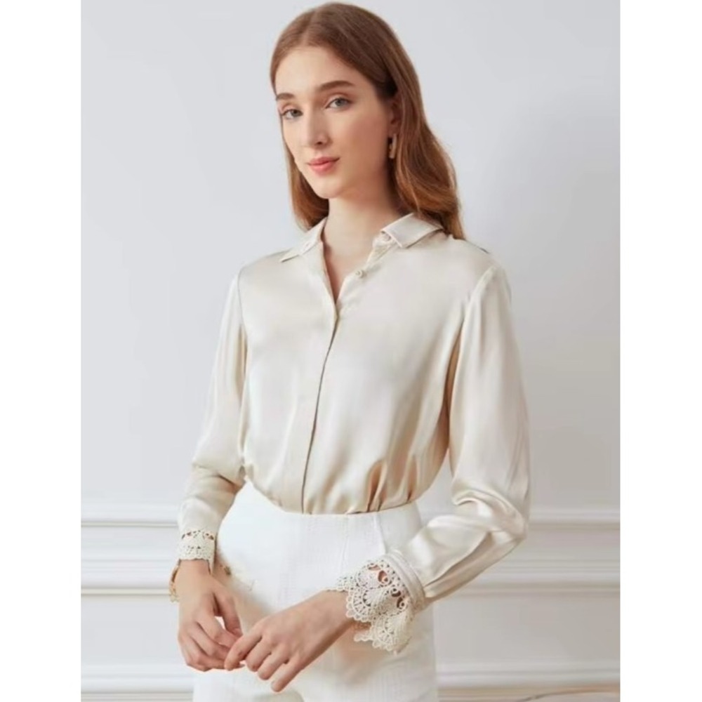 MOTF Premium Viscose Lace Cuff Shirt Women's Long Sleeve Top Size S Preppy